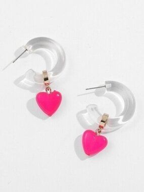 Pink Acrylic Floating Heart Round Drop Earrings